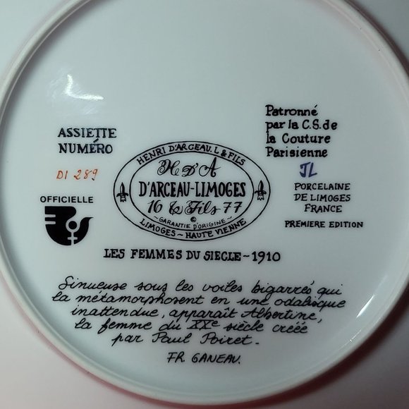 VTG 1976 D’Arceau Limoges Collectors Plate Albertine la Femme Liane  de Paul Pai - Picture 10 of 10